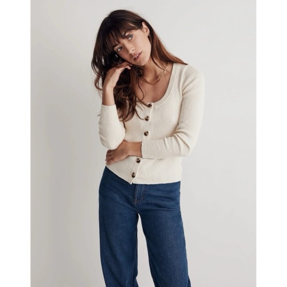 Madewell‎ Cardigan Sweater Womens M Long Sleeve Button Front Cream Ribbed